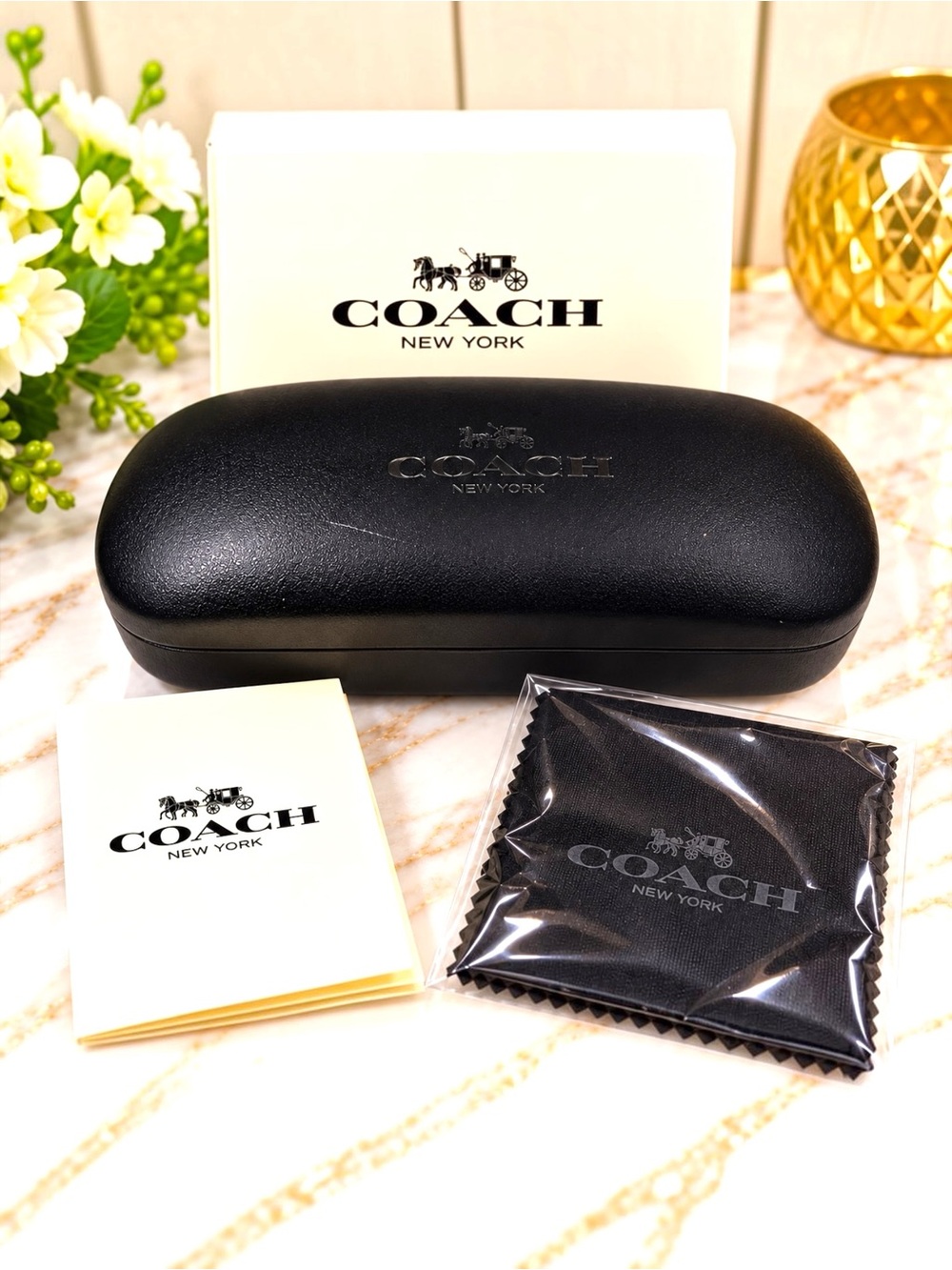 COACH EUC Black Eyeglass Sunglasses Hard Case Cleaning Cloth & Booklet
